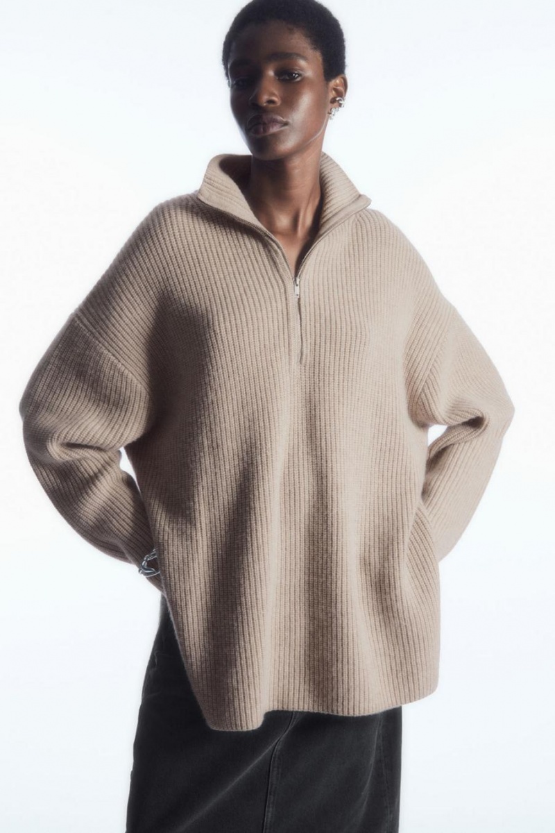 COS Oversized Cashmere-blend Half-zip Jumpers Női Világos Bézs | WMA-409735