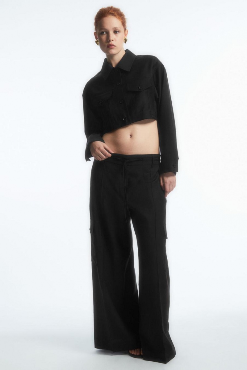 COS Oversized Cropped Gyapjú Overshirt Ing Női Fekete | QZC-048159