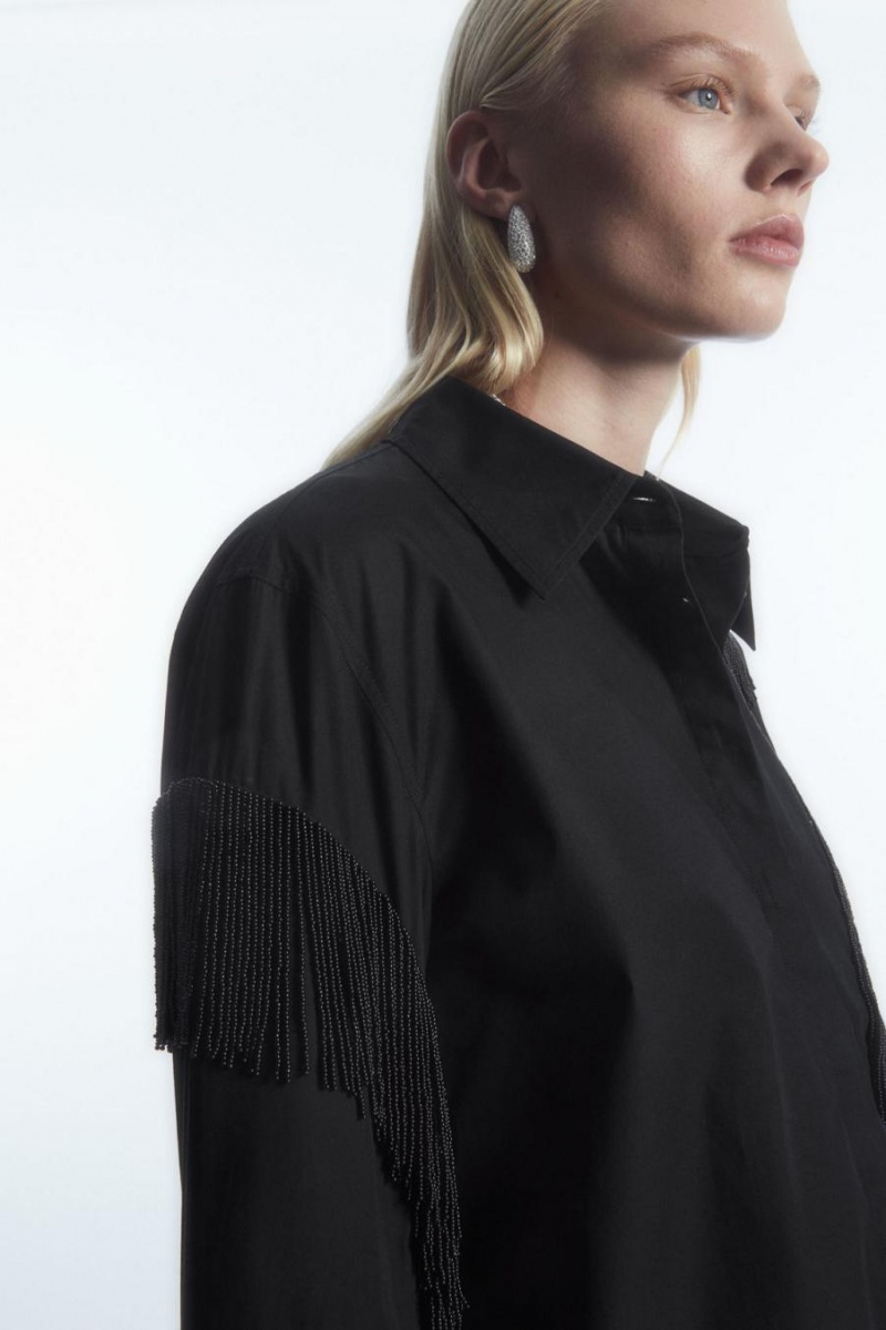 COS Oversized Embellished Fringed Ing Női Fekete | TIQ-618392