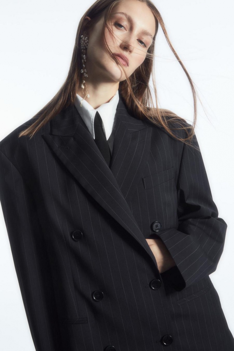 COS Oversized Pinstriped Gyapjú Blézer Női Sötétkék | ETU-093527