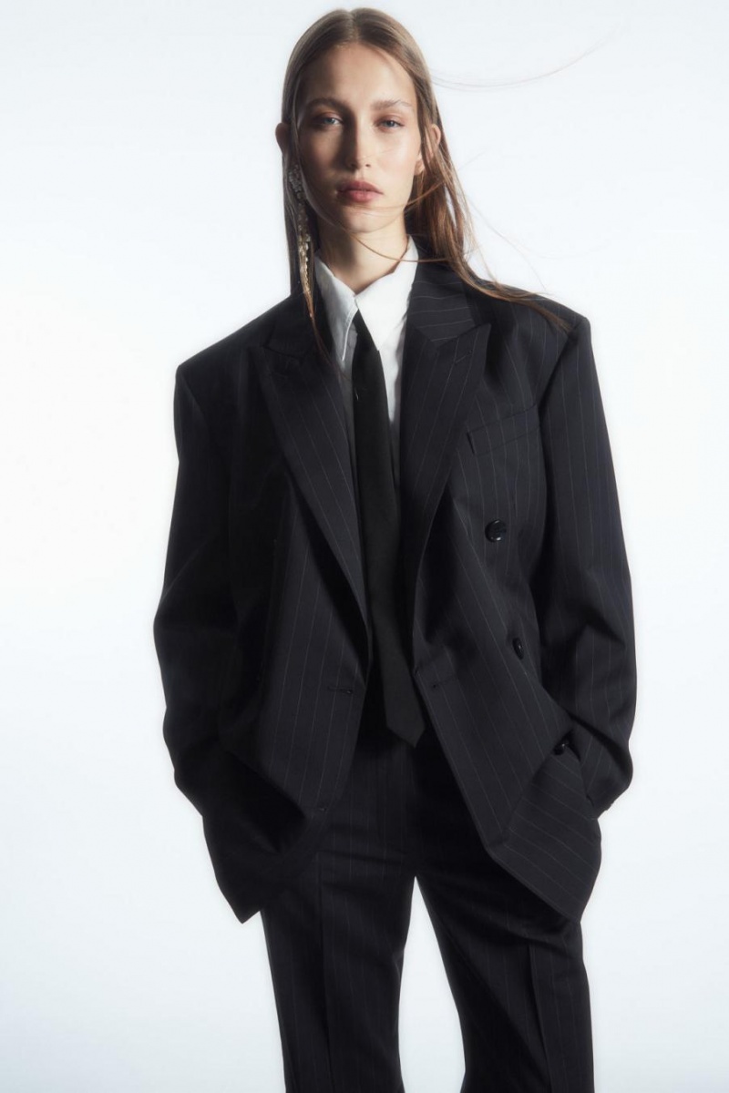 COS Oversized Pinstriped Gyapjú Blézer Női Sötétkék | ETU-093527
