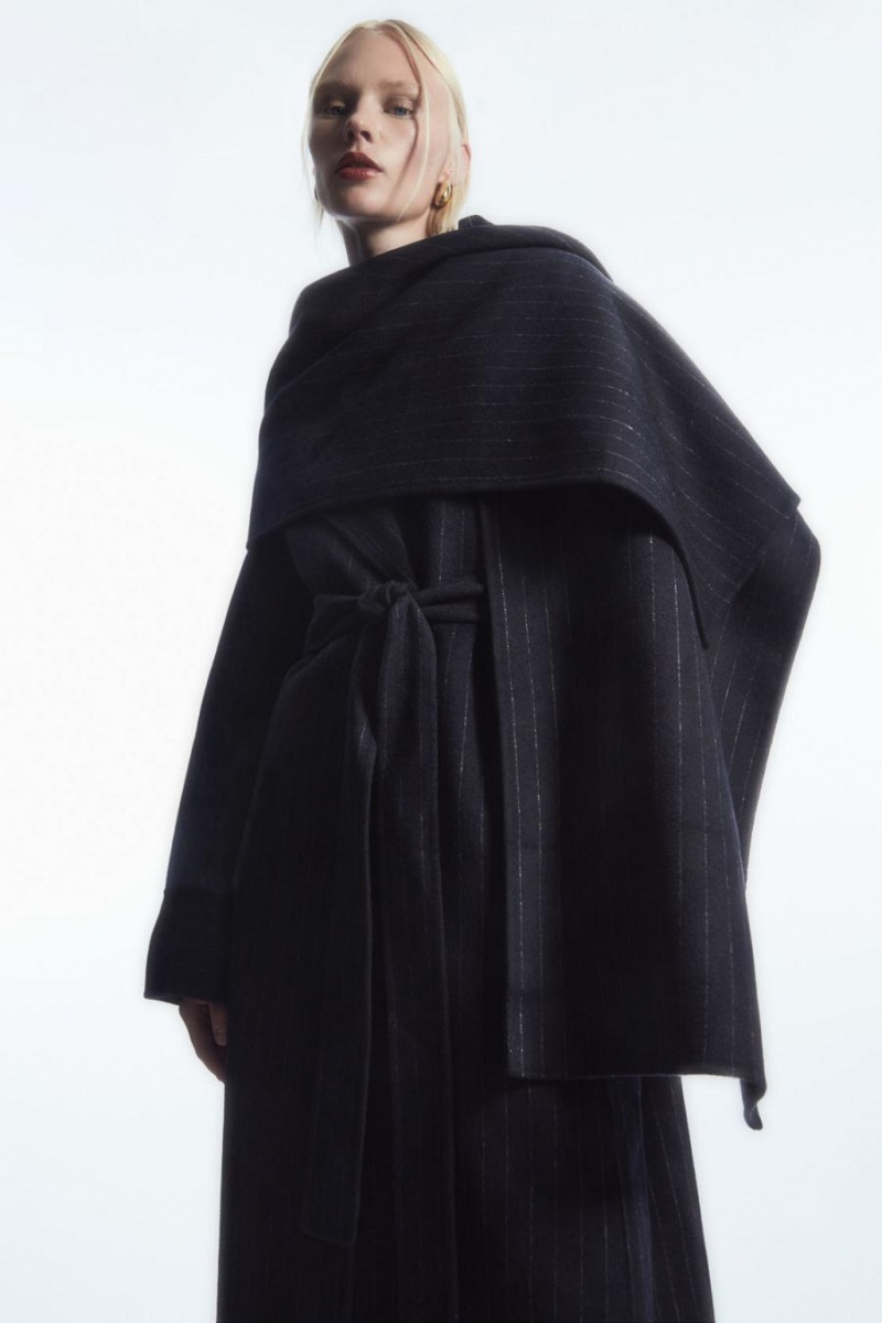 COS Oversized Pinstriped Gyapjú Scarf Kabát Női Sötétkék | QUV-438271