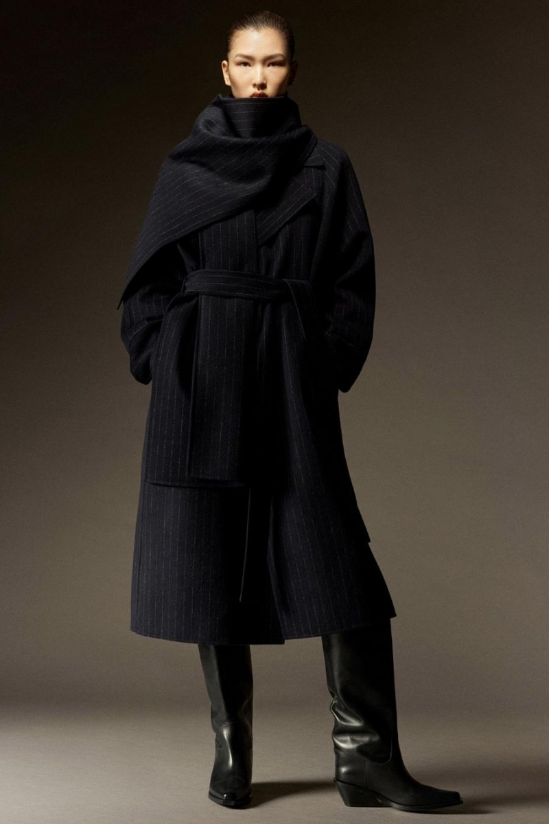COS Oversized Pinstriped Gyapjú Scarf Kabát Női Sötétkék | QUV-438271