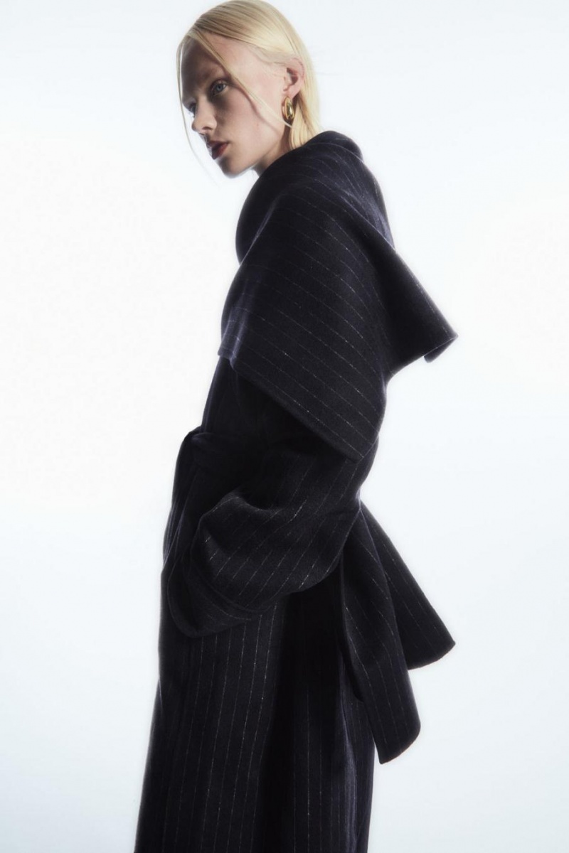 COS Oversized Pinstriped Gyapjú Scarf Kabát Női Sötétkék | QUV-438271