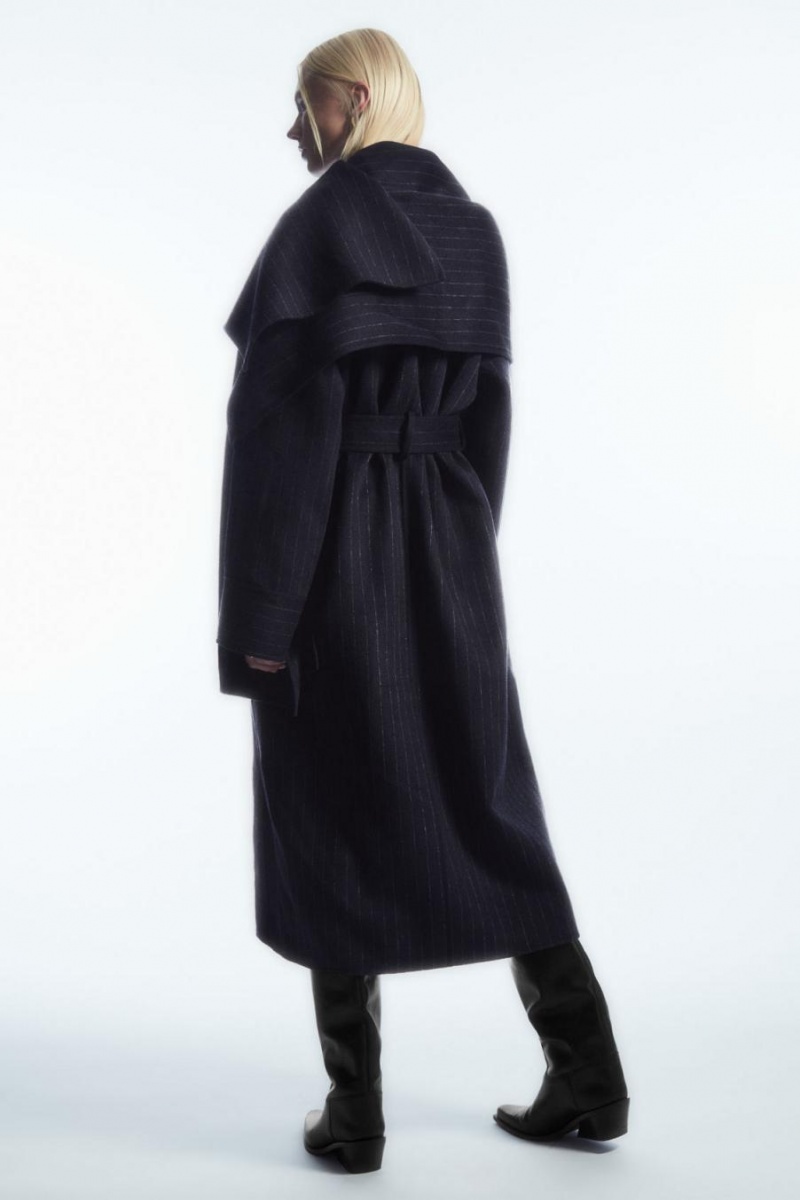 COS Oversized Pinstriped Gyapjú Scarf Kabát Női Sötétkék | QUV-438271
