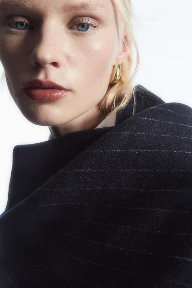 COS Oversized Pinstriped Gyapjú Scarf Kabát Női Sötétkék | QUV-438271