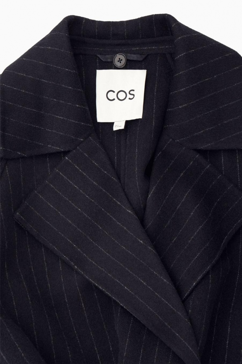 COS Oversized Pinstriped Gyapjú Scarf Kabát Női Sötétkék | QUV-438271