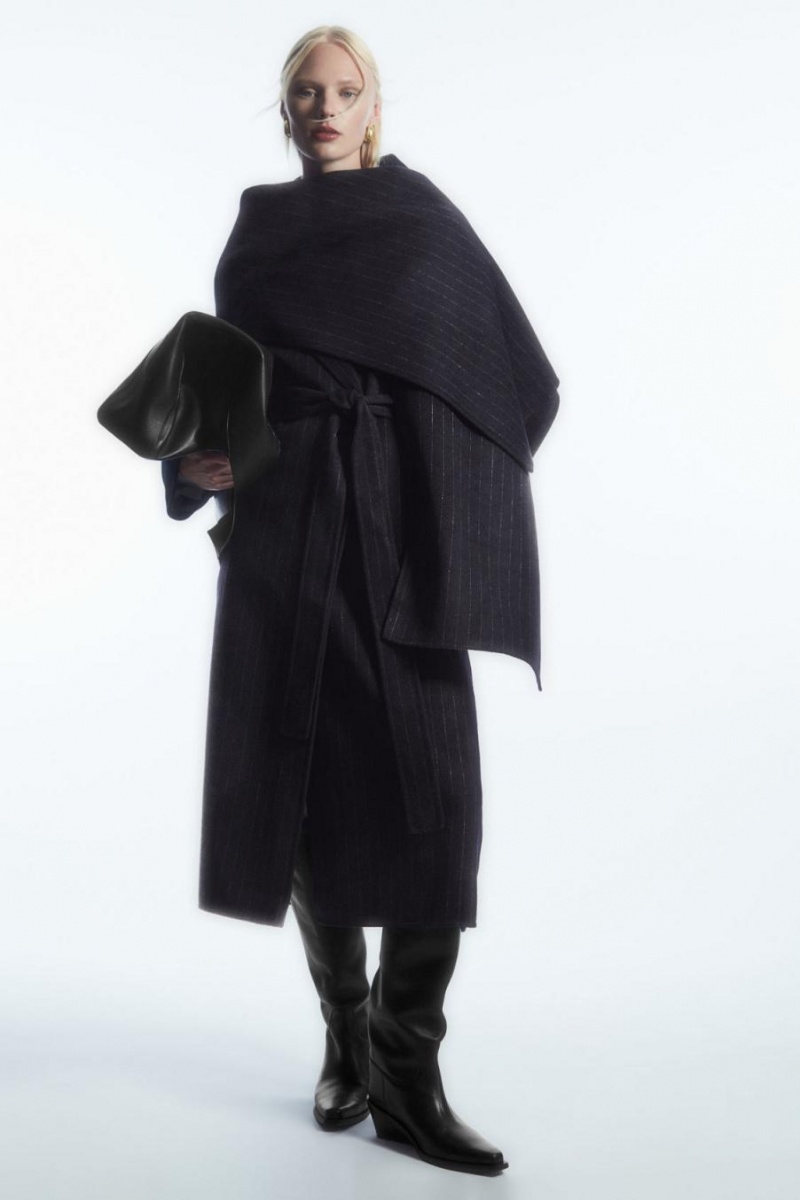 COS Oversized Pinstriped Gyapjú Scarf Kabát Női Sötétkék | QUV-438271