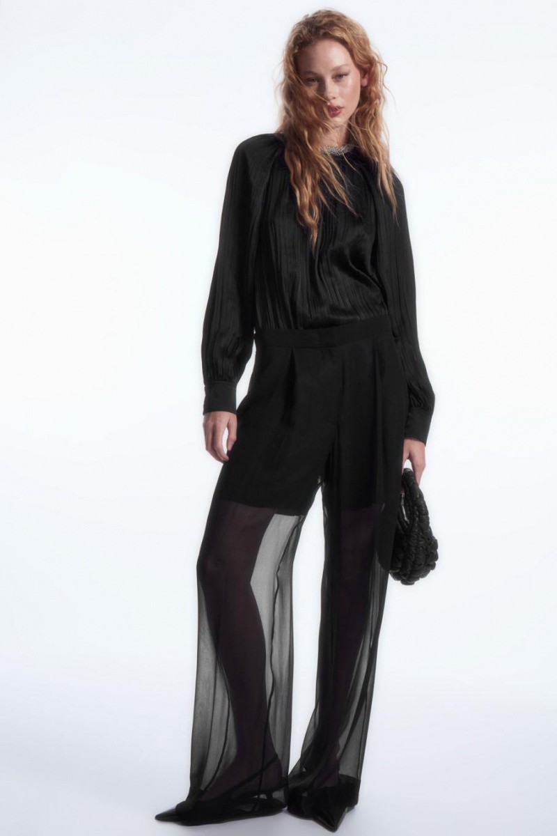 COS Plissé Long-sleeved Blúz Női Fekete | NJP-579164