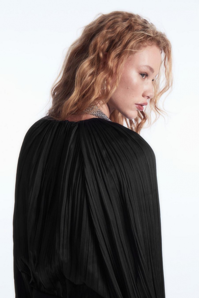 COS Plissé Long-sleeved Blúz Női Fekete | NJP-579164