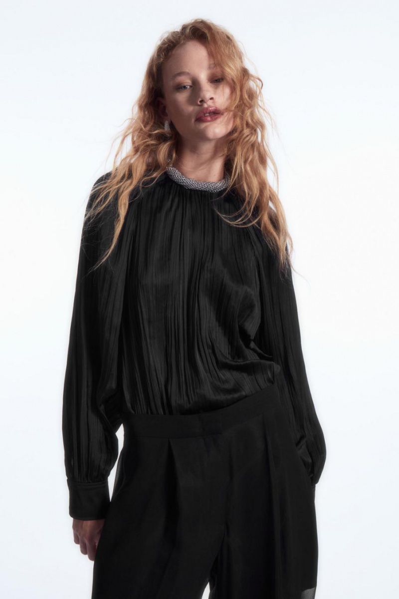 COS Plissé Long-sleeved Blúz Női Fekete | NJP-579164