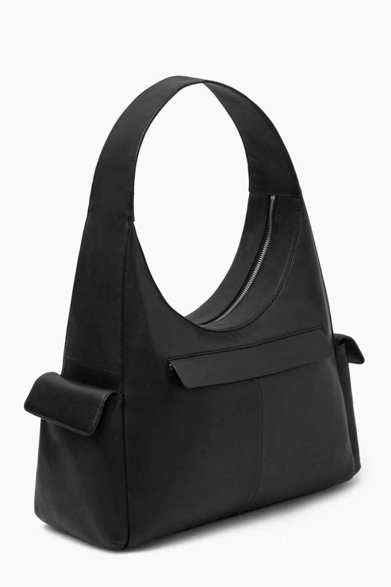 COS Pocket Shoulder - Bőr Táska Női Fekete | SJA-423876