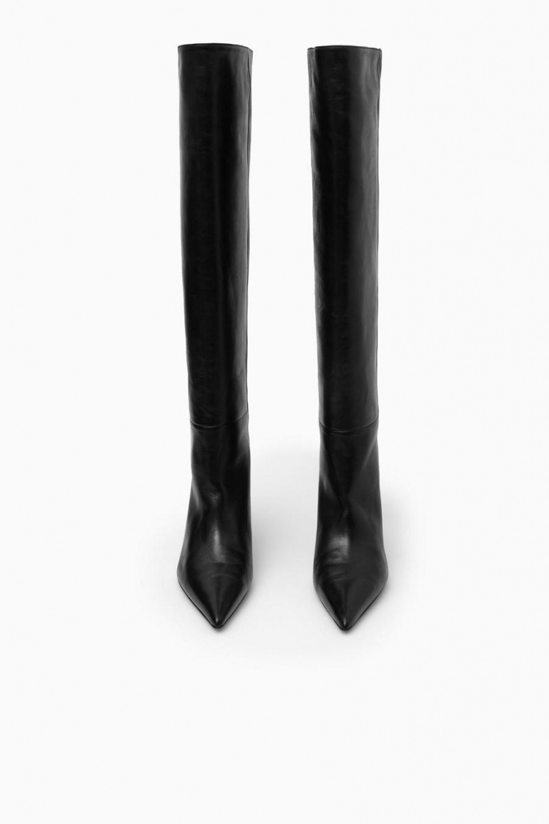 COS Pointed-toe Bőr Knee-high Csizma Női Fekete | BID-913046