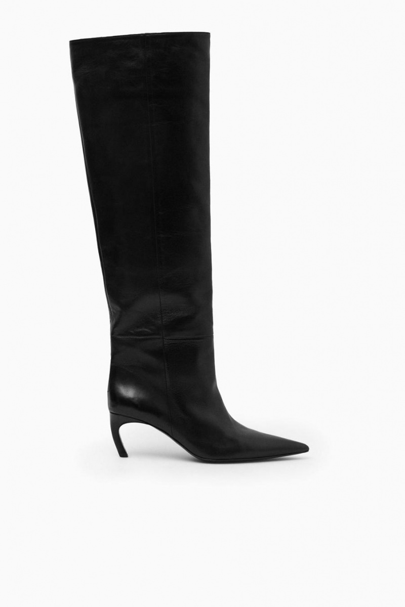 COS Pointed-toe Bőr Knee-high Csizma Női Fekete | BID-913046