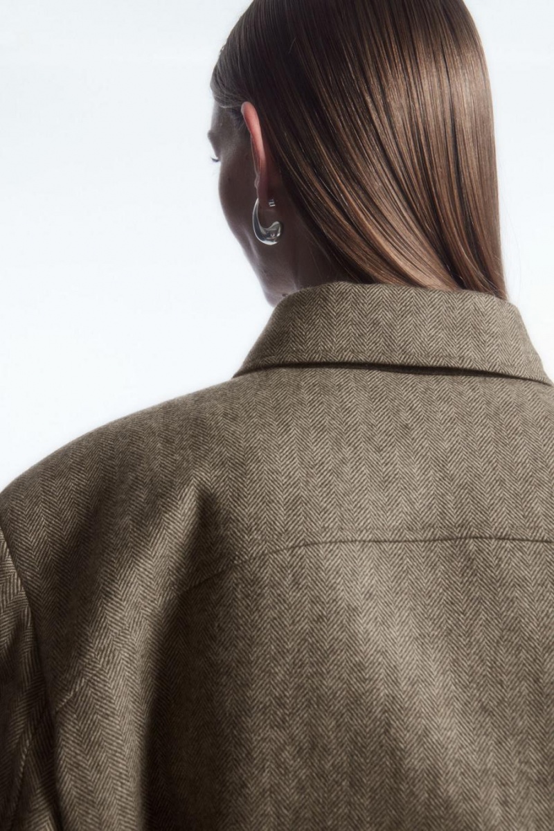 COS Power-shoulder Gyapjú-herringbone Kabát Női Világos Barna | GXV-417302