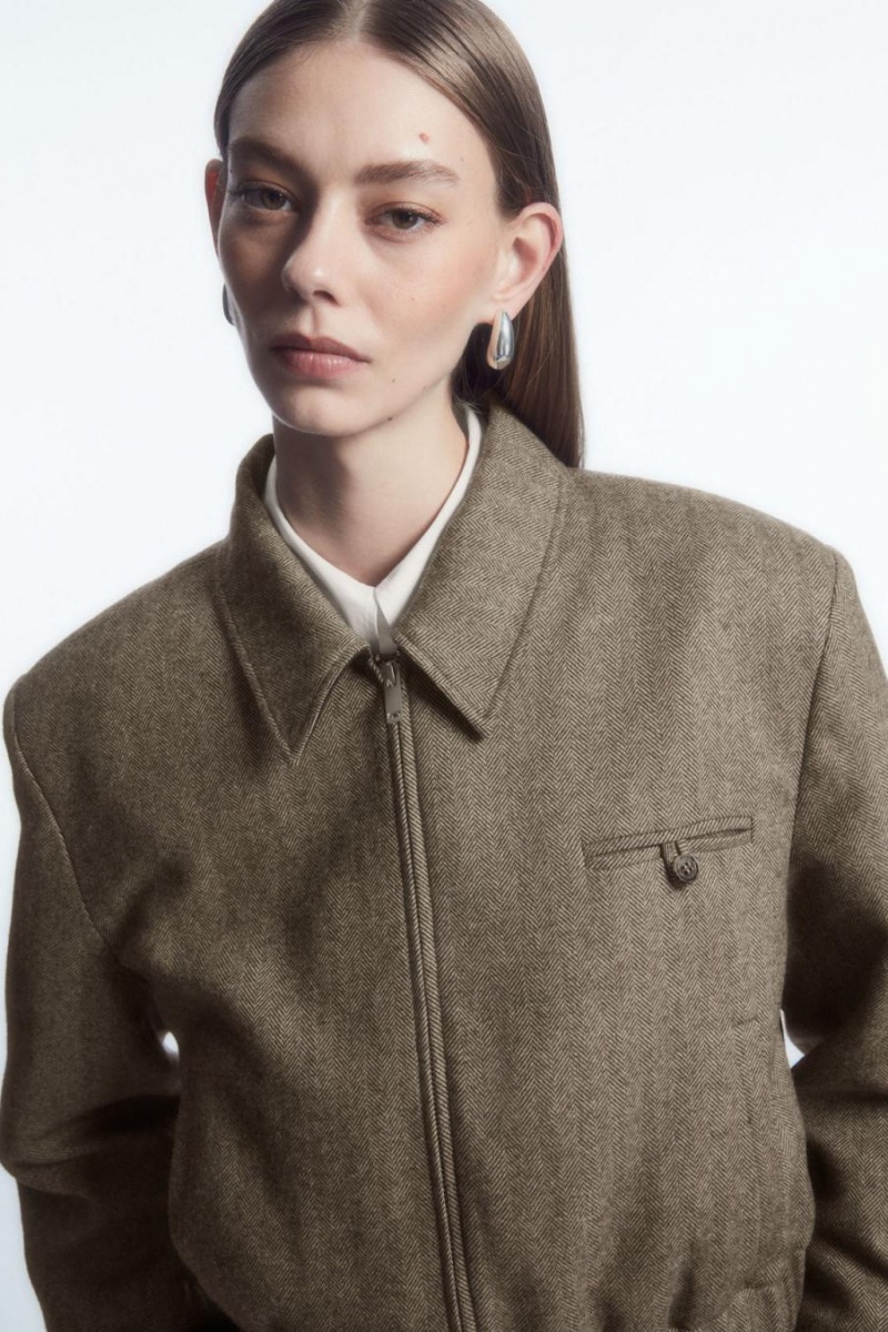 COS Power-shoulder Gyapjú-herringbone Kabát Női Világos Barna | GXV-417302