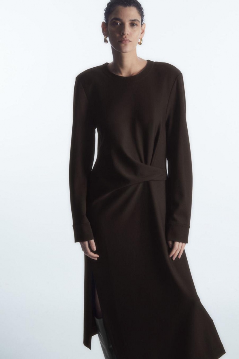 COS Power-shoulder Midi Ruha Női Sötétbarna | FJA-738241