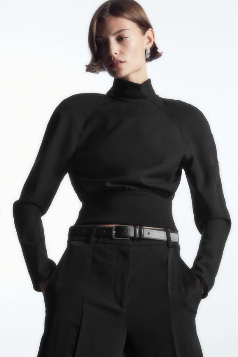 COS Power-shoulder Open-back Waisted Gyapjú Felső Női Fekete | UBQ-562081