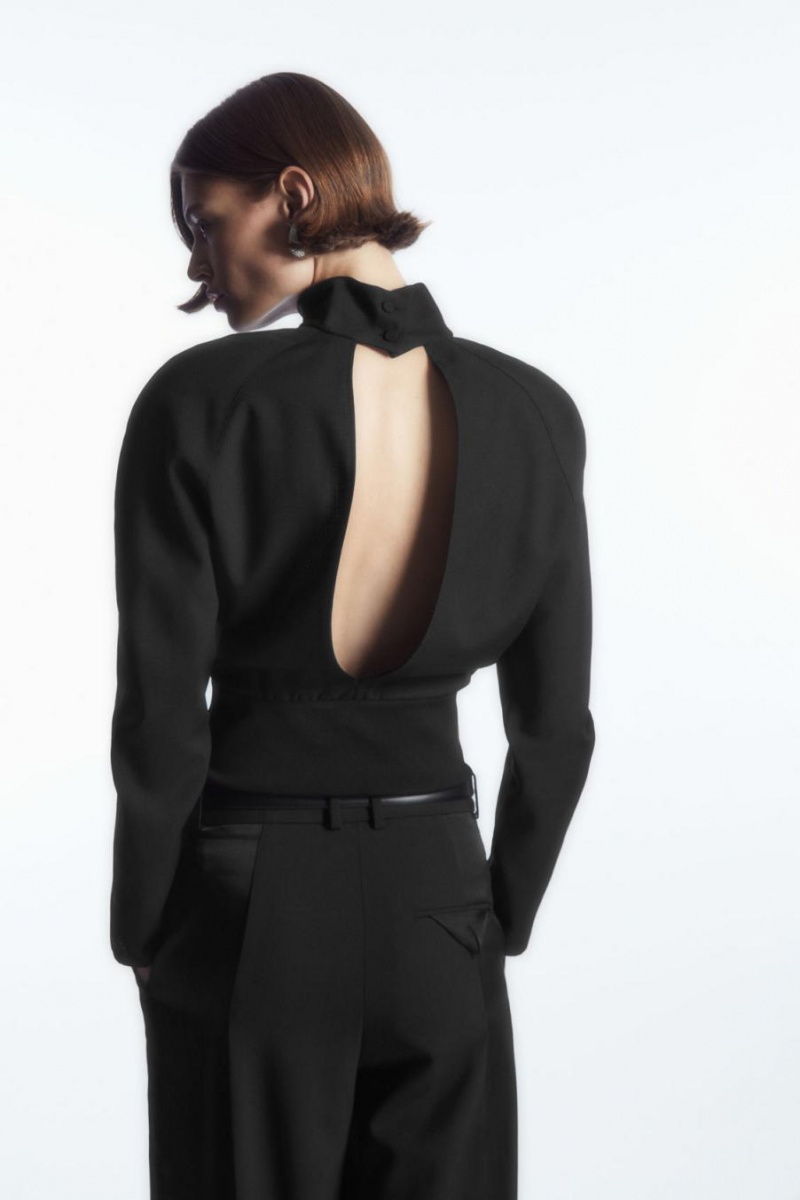 COS Power-shoulder Open-back Waisted Gyapjú Felső Női Fekete | UBQ-562081