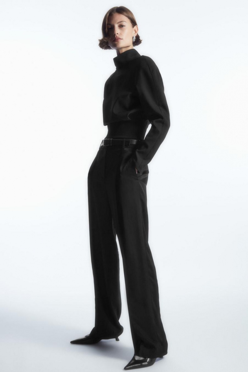 COS Power-shoulder Open-back Waisted Gyapjú Felső Női Fekete | UBQ-562081