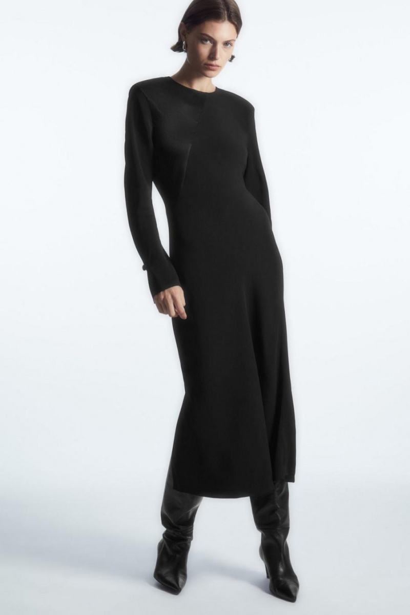 COS Power-shoulder Satin-panel Midi Ruha Női Fekete | RGC-859406