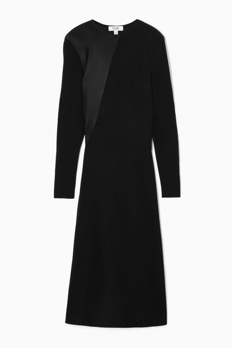 COS Power-shoulder Satin-panel Midi Ruha Női Fekete | RGC-859406