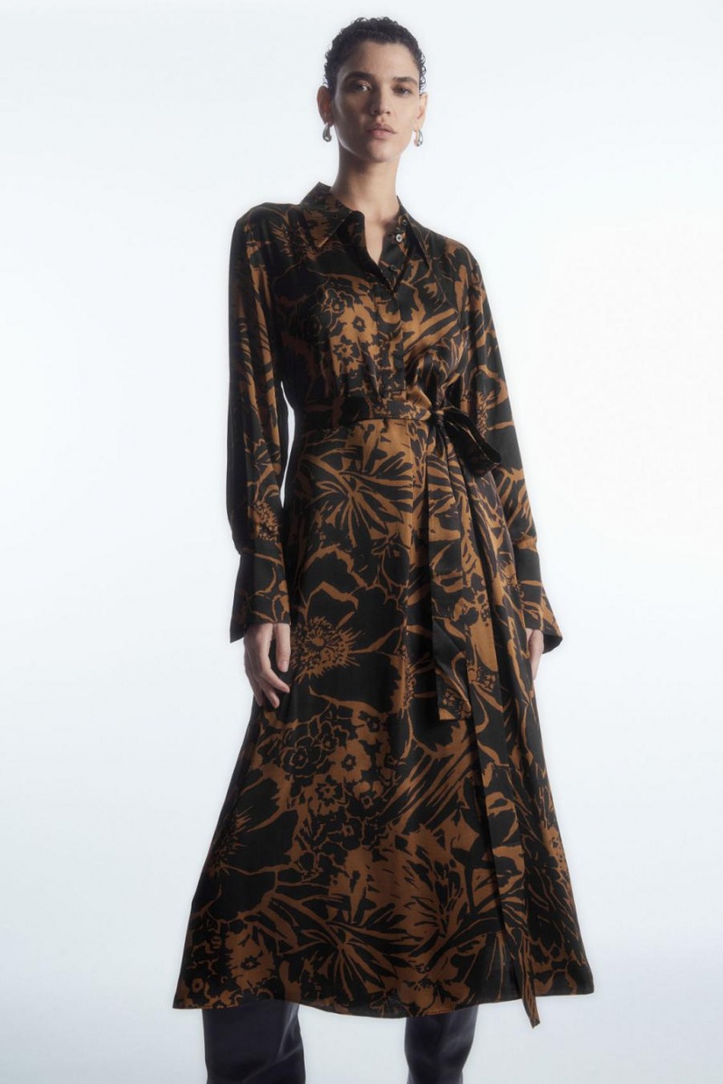 COS Printed Midi Shirt Ruha Női Fekete Narancssárga | WJT-568421