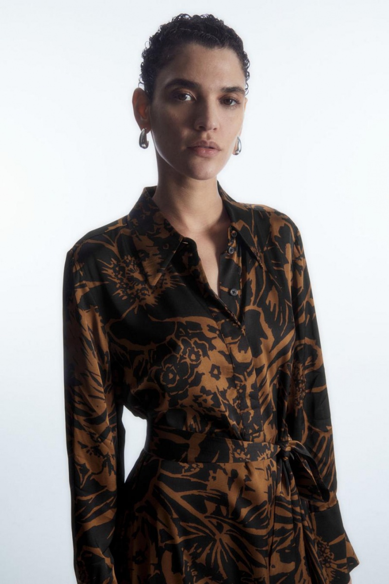 COS Printed Midi Shirt Ruha Női Fekete Narancssárga | WJT-568421