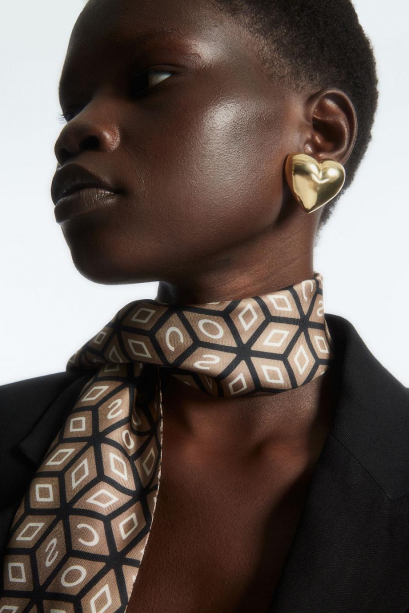 COS Printed Pure Silk Sál Női Sötétbézs Fekete | TXE-542301
