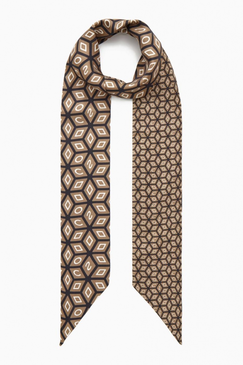 COS Printed Pure Silk Sál Női Sötétbézs Fekete | TXE-542301