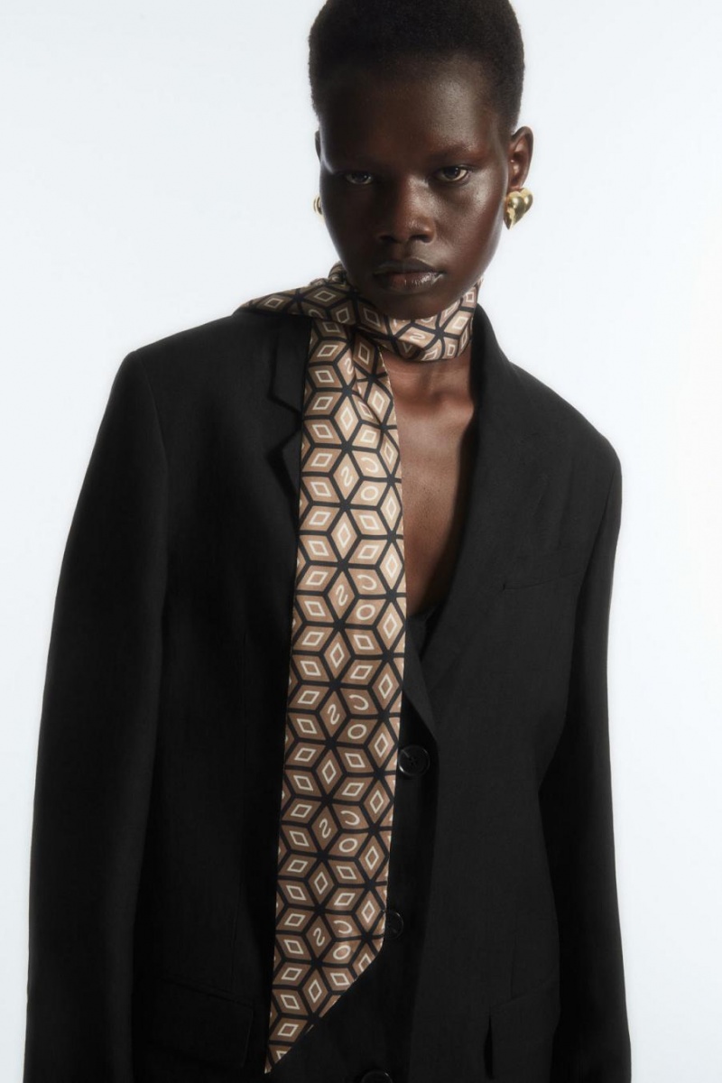 COS Printed Pure Silk Sál Női Sötétbézs Fekete | TXE-542301