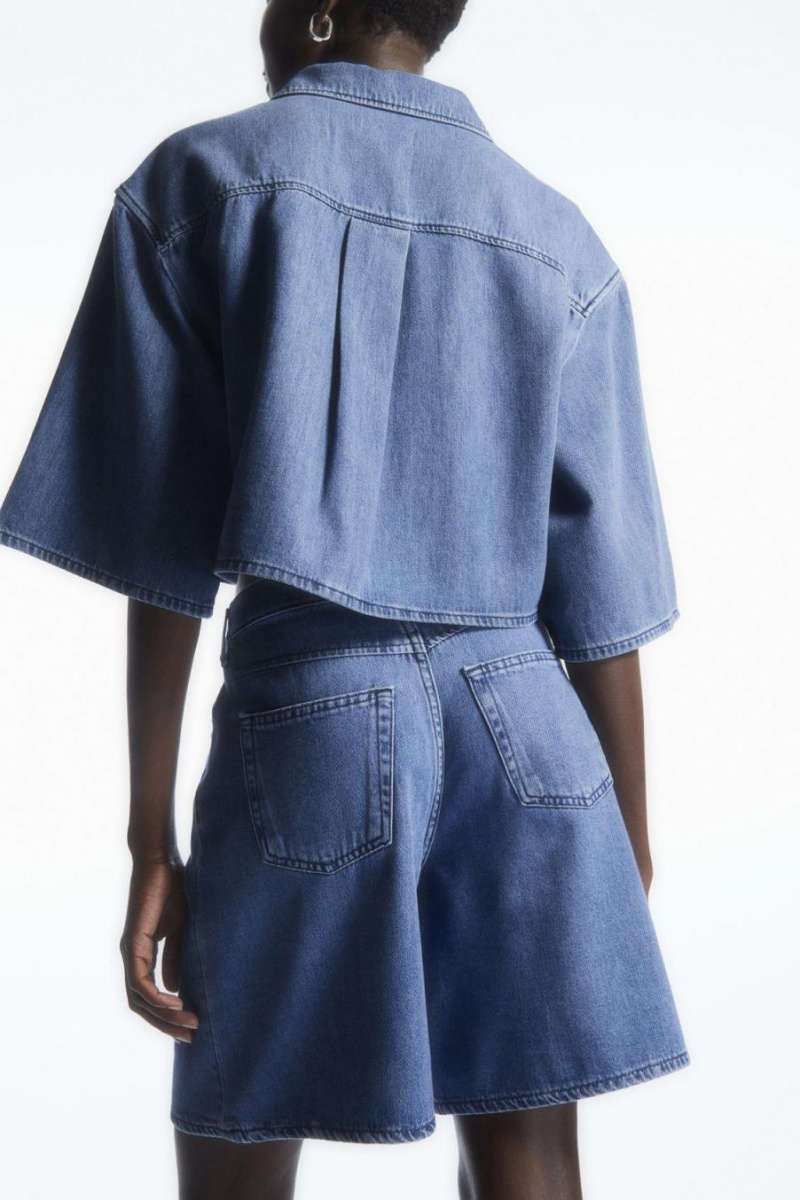 COS Redőzött A-line Denim Rövidnadrág Női Kék | VAJ-843795