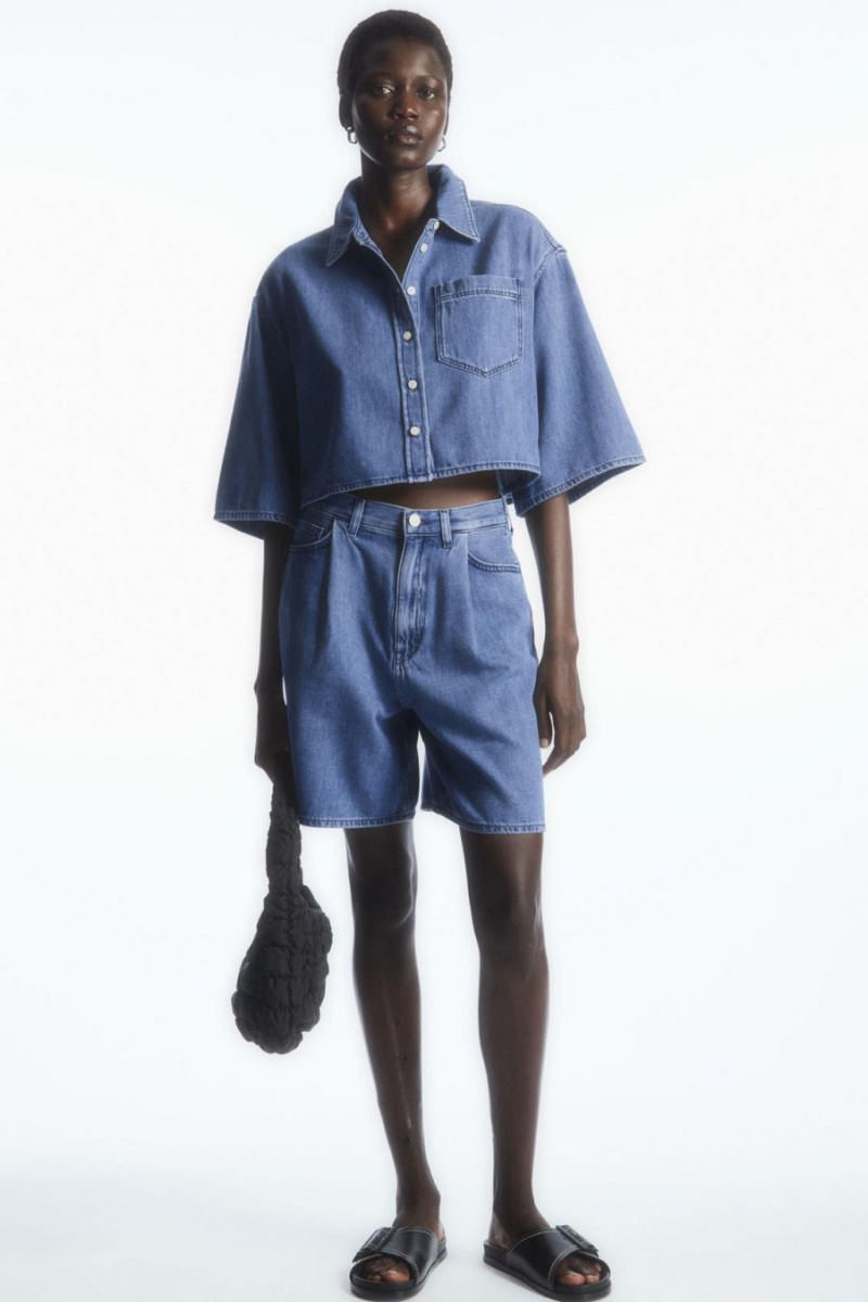 COS Redőzött A-line Denim Rövidnadrág Női Kék | VAJ-843795