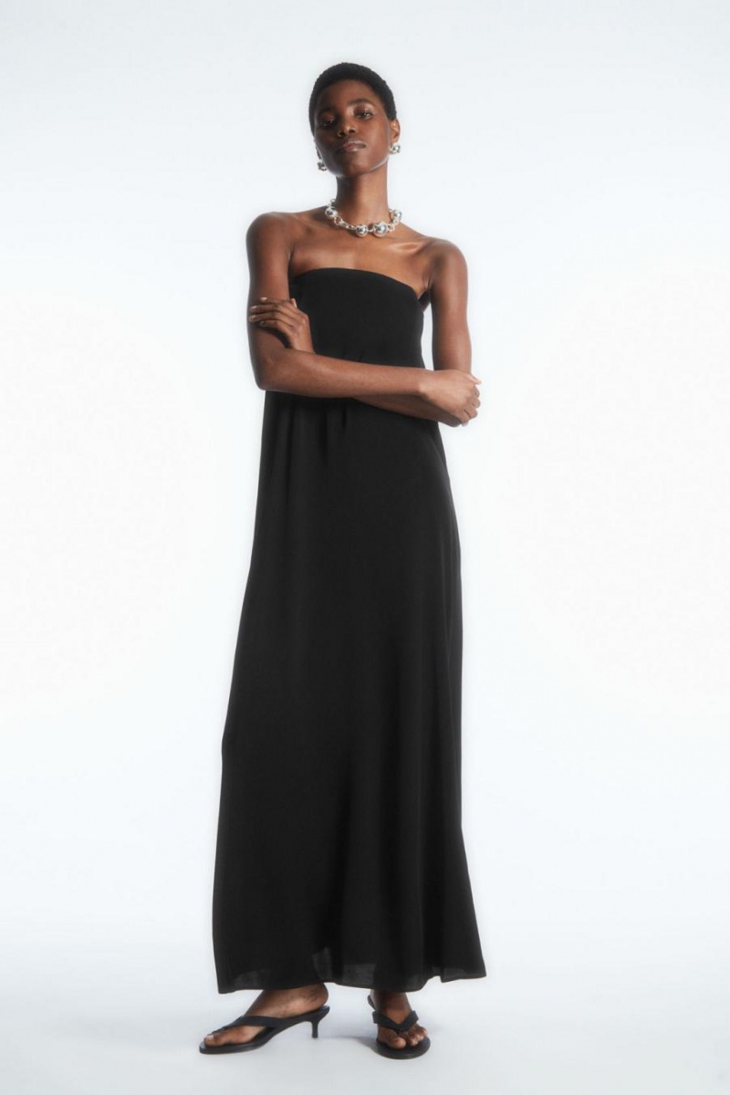 COS Redőzött Bandeau Maxi Ruha Női Fekete | KAV-380751