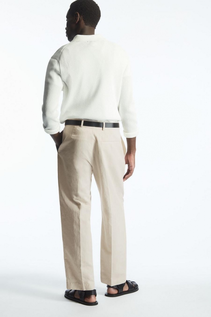 COS Redőzött Egyenes-leg Linen-blend Nadrág Férfi Világos Bézs | EQK-305169