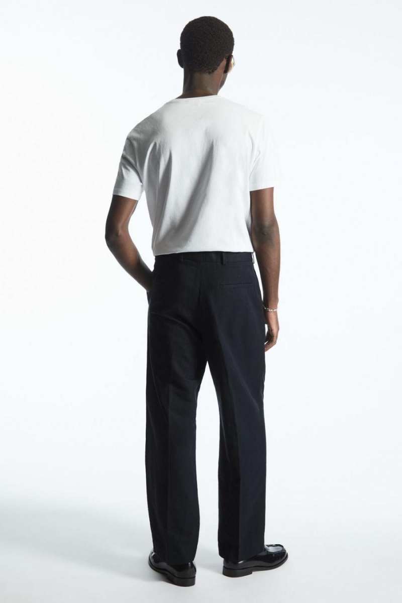 COS Redőzött Egyenes-leg Linen-blend Nadrág Férfi Sötétkék | HSV-932086