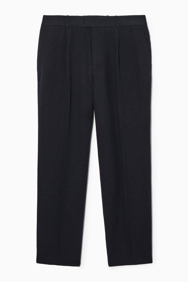 COS Redőzött Egyenes-leg Linen-blend Nadrág Férfi Sötétkék | HSV-932086