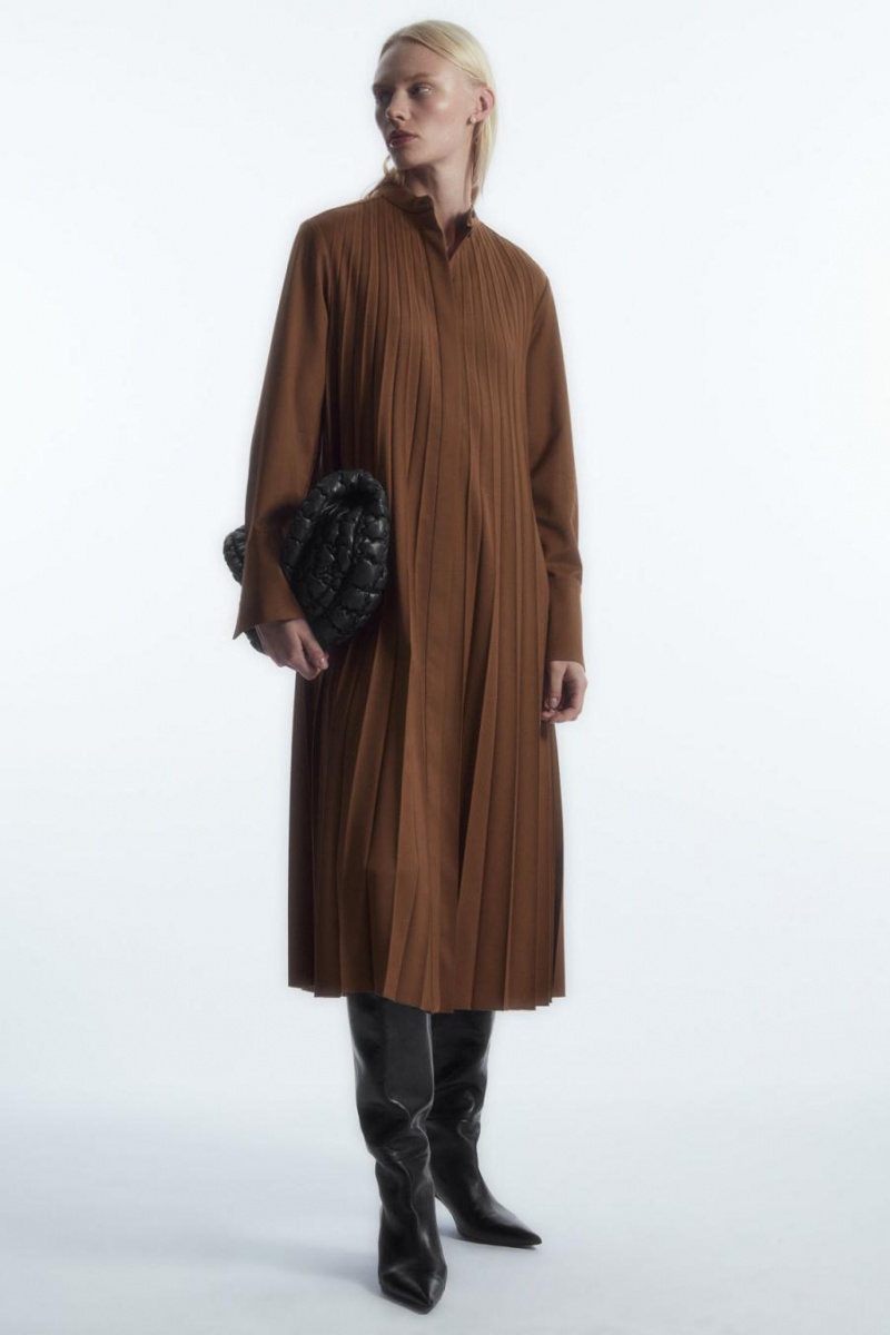 COS Redőzött Gyapjú-blend Shirt Ruha Női Barna | UAF-739260