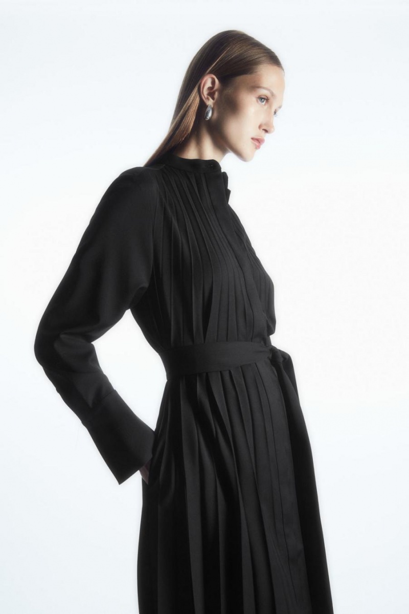 COS Redőzött Gyapjú-blend Shirt Ruha Női Fekete | NKS-027938