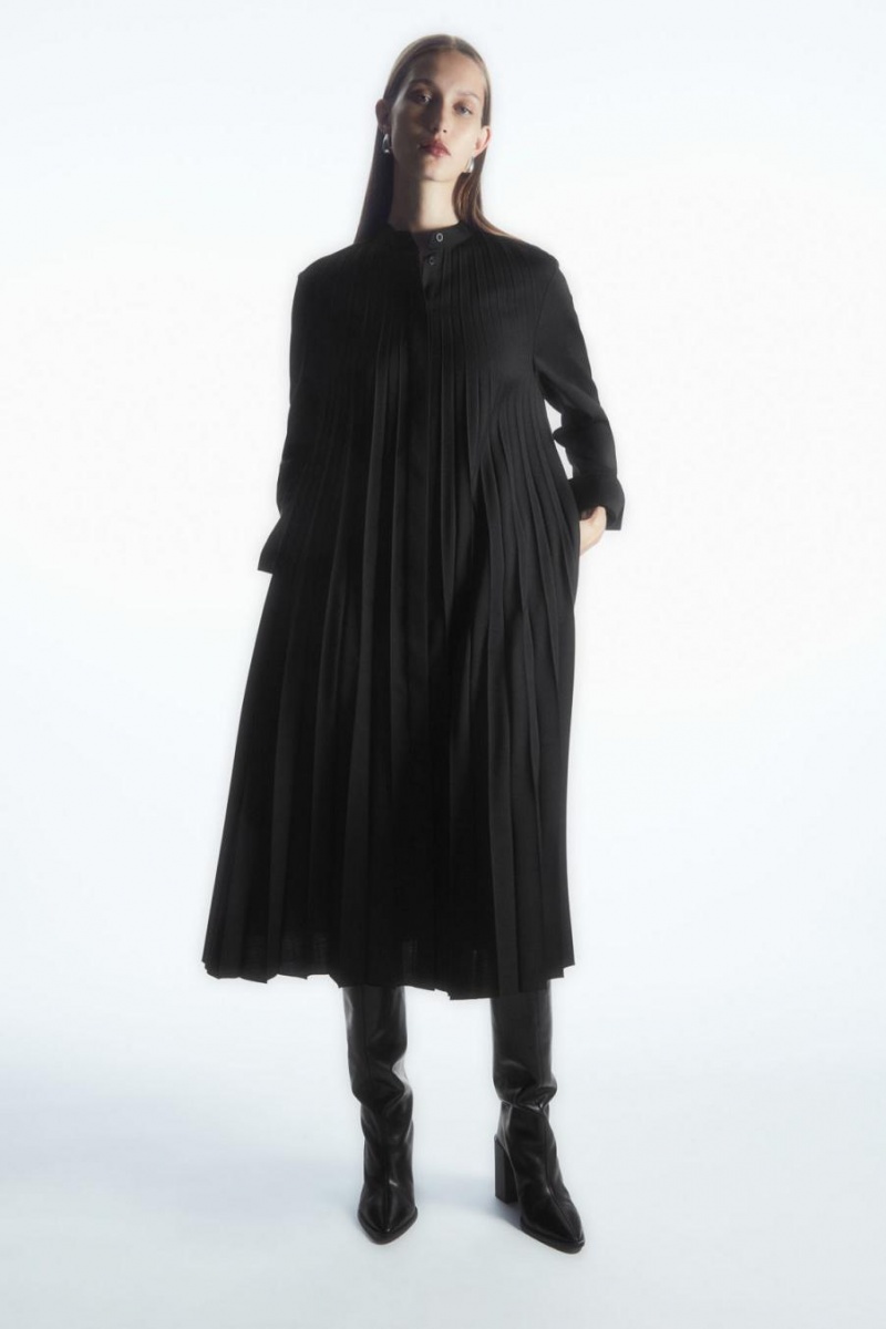 COS Redőzött Gyapjú-blend Shirt Ruha Női Fekete | NKS-027938