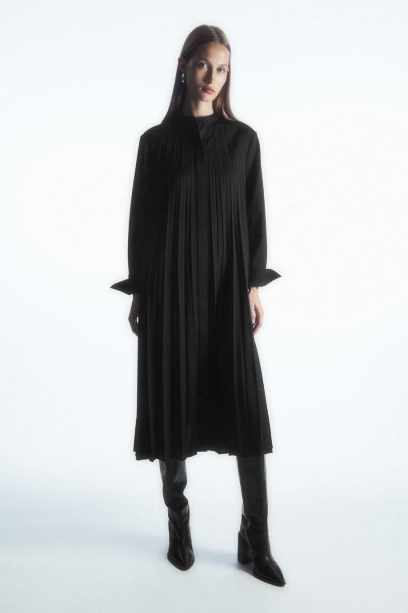 COS Redőzött Gyapjú-blend Shirt Ruha Női Fekete | NKS-027938