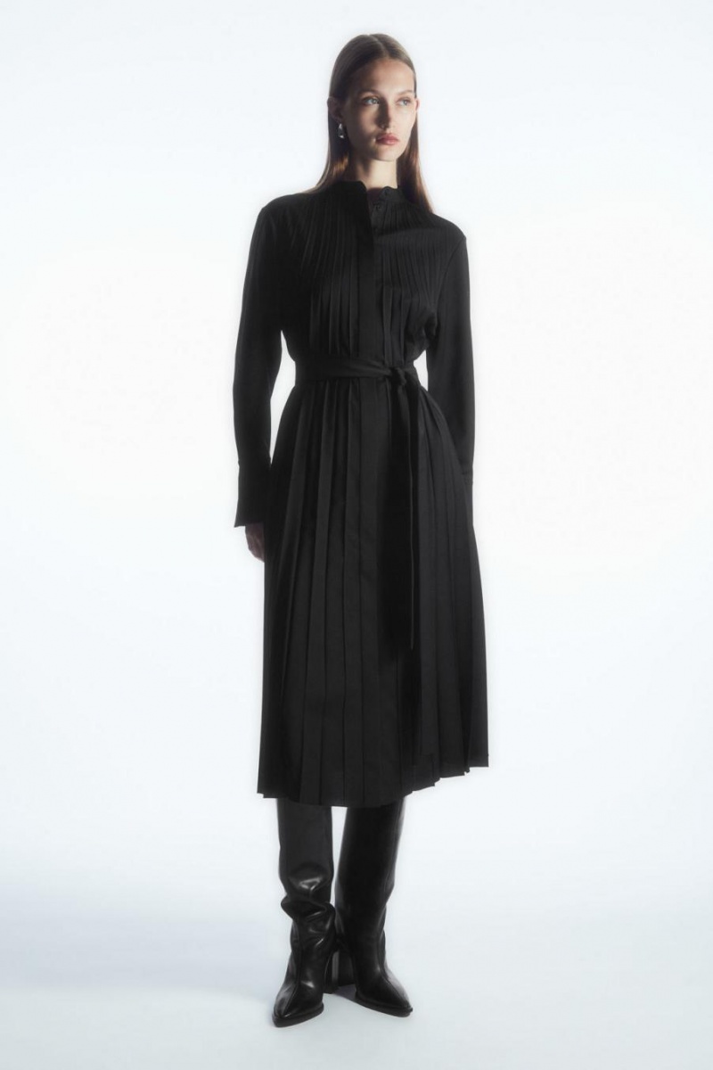 COS Redőzött Gyapjú-blend Shirt Ruha Női Fekete | NKS-027938