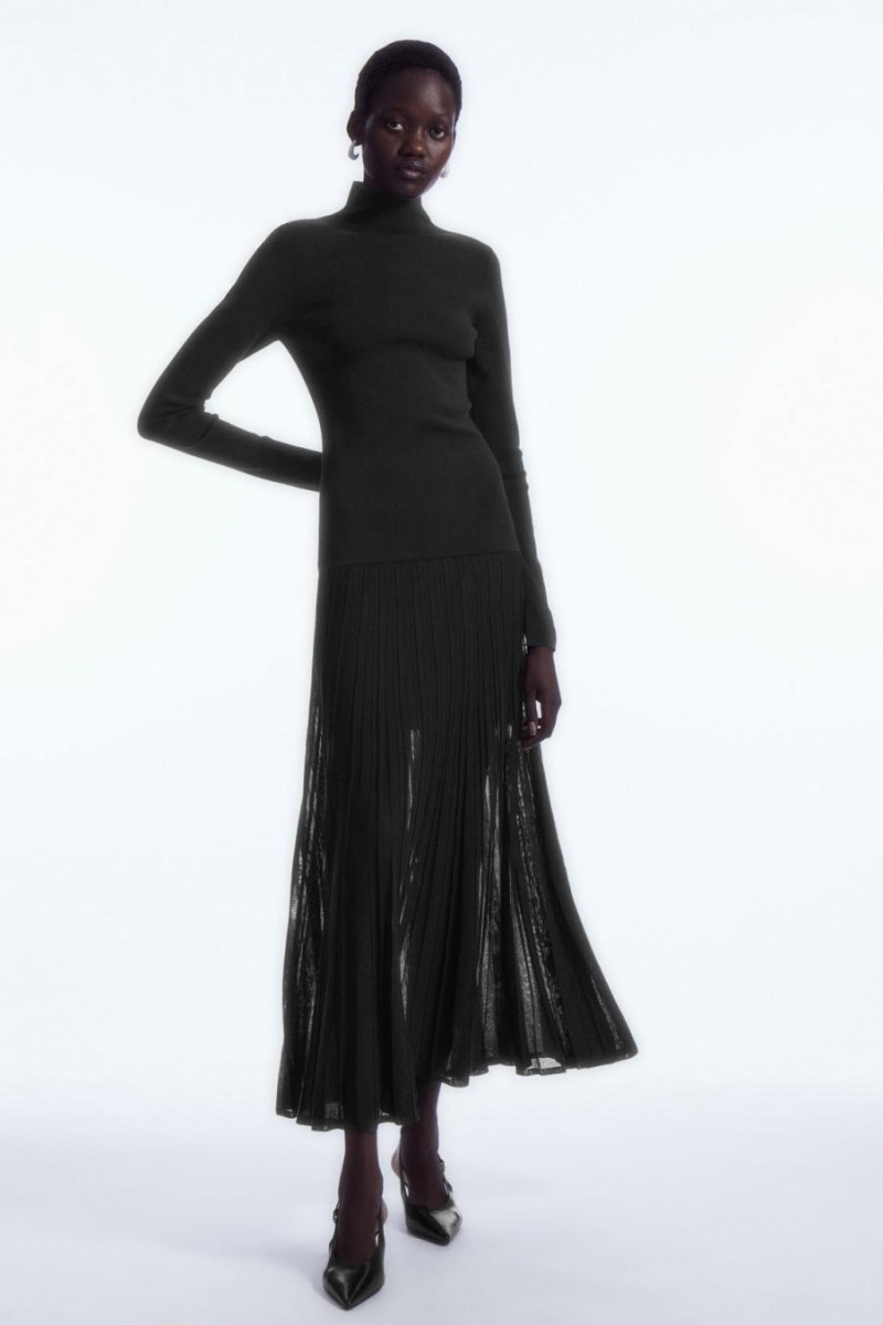 COS Redőzött Kötött Turtleneck Maxi Ruha Női Fekete | RNG-394706