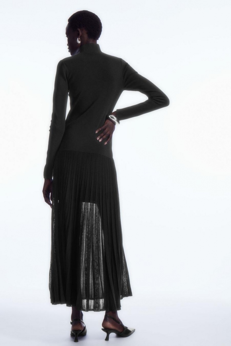 COS Redőzött Kötött Turtleneck Maxi Ruha Női Fekete | RNG-394706
