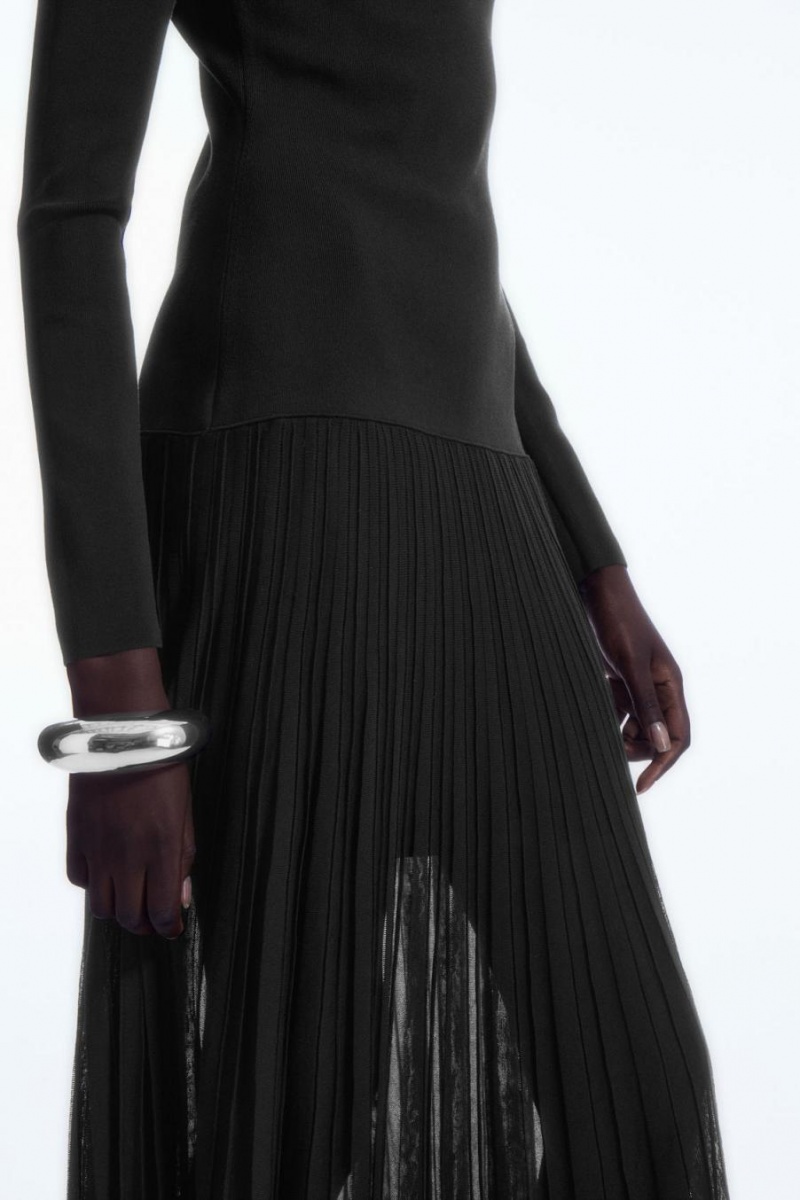 COS Redőzött Kötött Turtleneck Maxi Ruha Női Fekete | RNG-394706