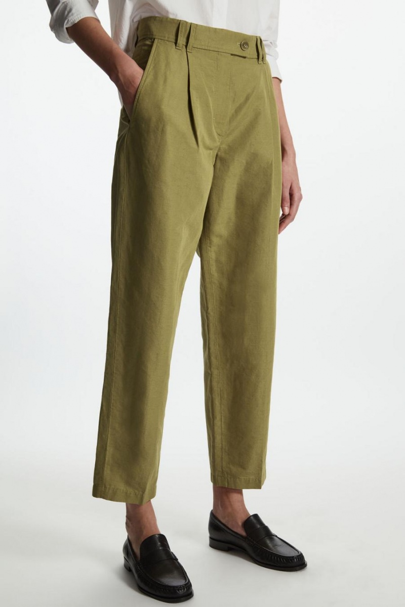 COS Redőzött Linen Nadrág Női Khaki Zöld | JWL-812760
