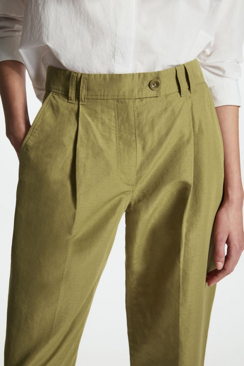 COS Redőzött Linen Nadrág Női Khaki Zöld | JWL-812760