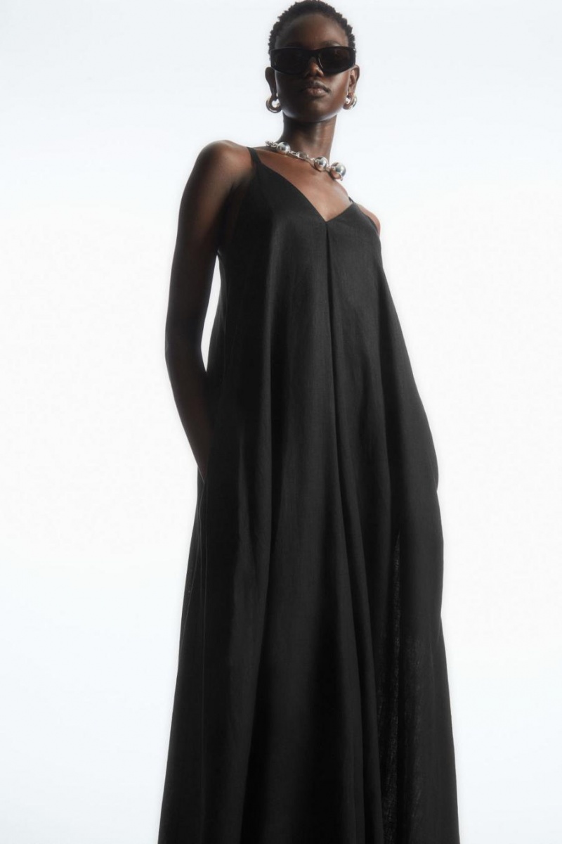 COS Redőzött V-neck Linen Midi Ruha Női Fekete | DOP-123457