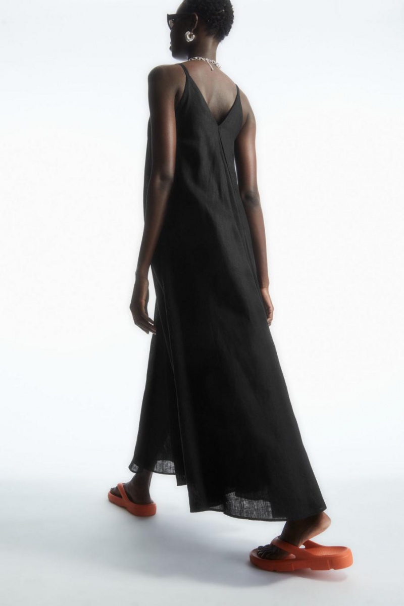 COS Redőzött V-neck Linen Midi Ruha Női Fekete | DOP-123457