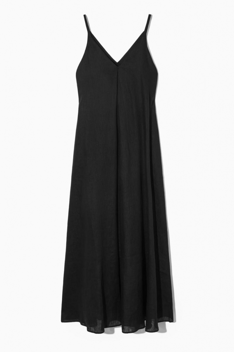 COS Redőzött V-neck Linen Midi Ruha Női Fekete | DOP-123457